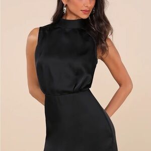 Classic elegance black satin sleeveless mock neck mini dress